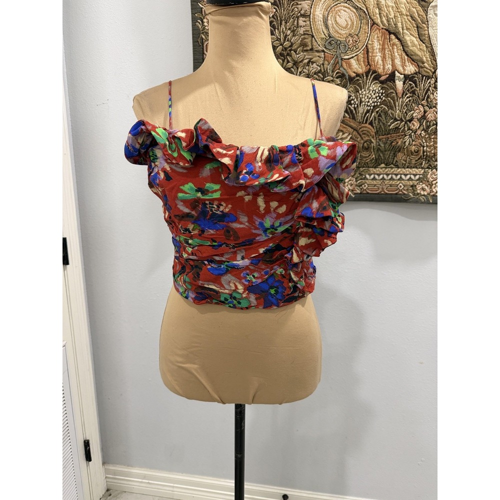 Zara Shirt Womens Large Red Floral Ruffle Ruched Sleeveless Camisole Crop
